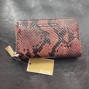 NWT Michael Kors Jet Set Small Leather Wallet Card Case Snake Pattern